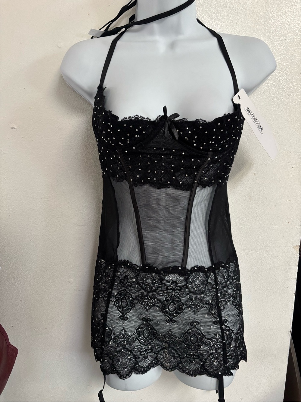 Shirley of Hollywood Black Lace Halter Chemise with Sequin Accents